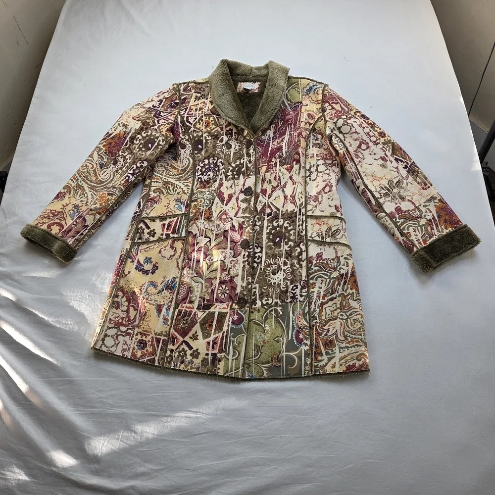 Chico’s Patchwork Tapestry‎ Coat Size 2 (L) Faux Fur Lined Boho Artsy Jacket